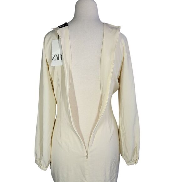 ZARA Long Sleeve Ruched Mini Dress Cream Medium 3897/063 Clean Girl Neutral NEW - Picture 6 of 10
